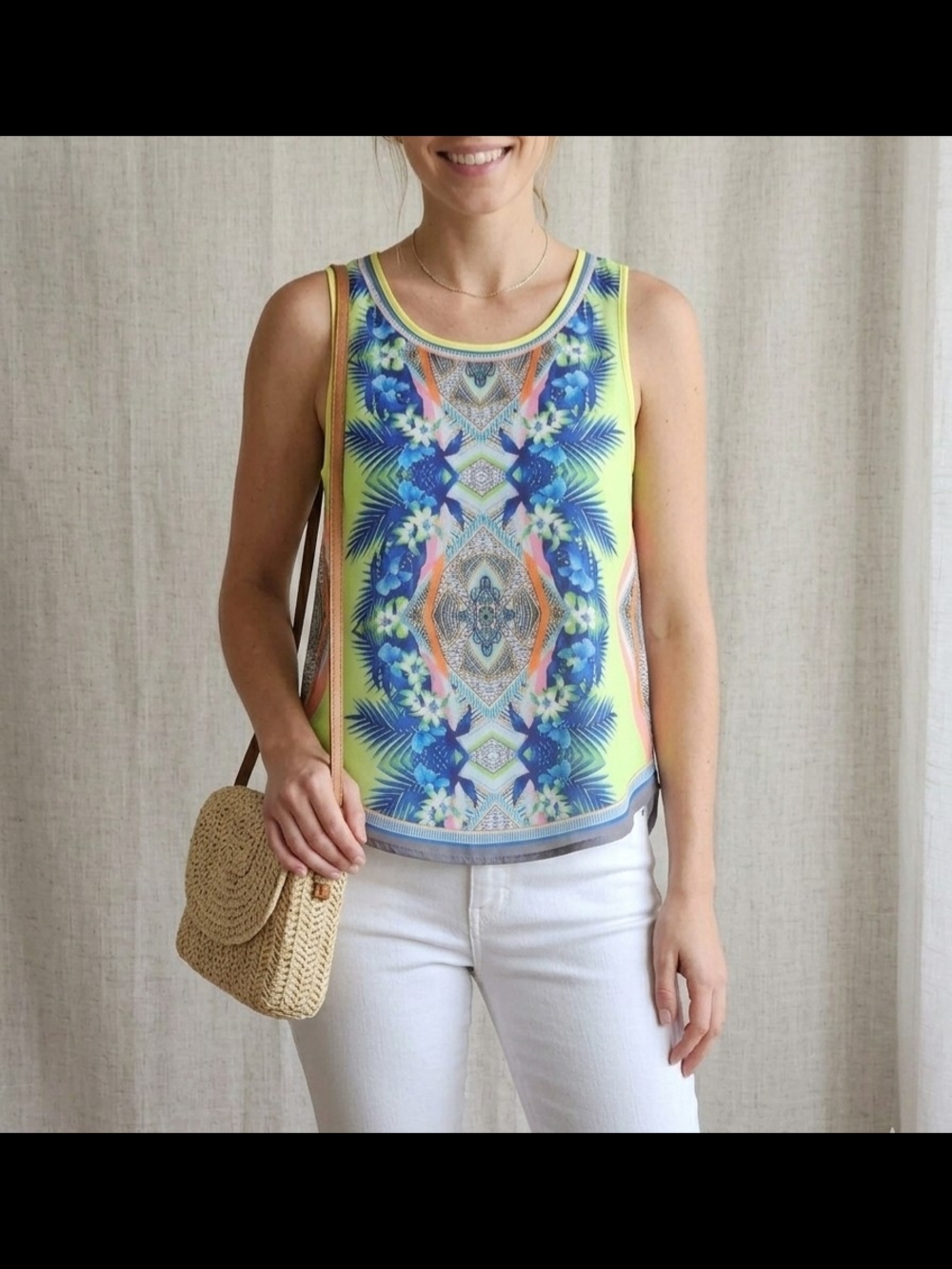 Peachpuff Colorful Boho High-Low Tank Top Women’s Size L Neon Green Tropical